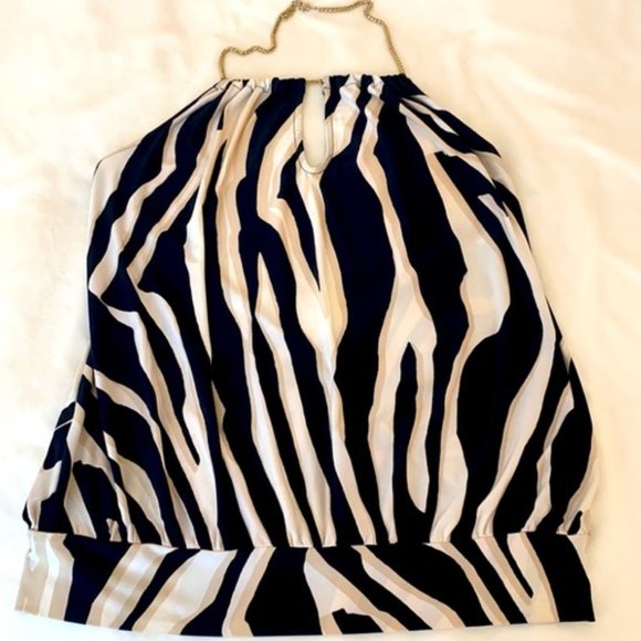 Y2K Express Silky Satin Zebra Print Backless Chain Collar Camisole Halter Top - Picture 2 of 6